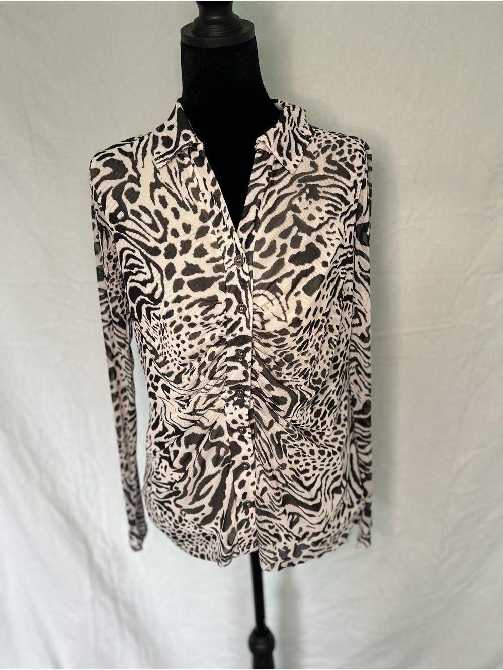 Jane & Delancey Sheer Mesh Safari Print Ruched Button Up Blouse